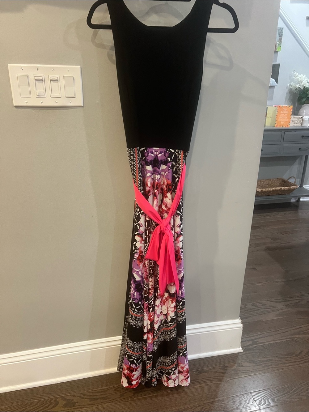 Black & Pink Floral Maxi Skirt with Tie Waist
